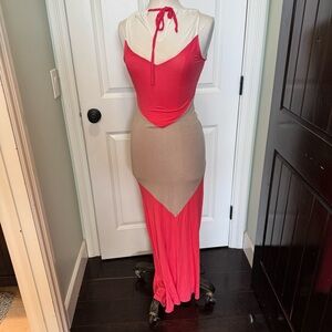 Sexy body conscious Chic Asymmetrical Pink and Tan maxi Dress